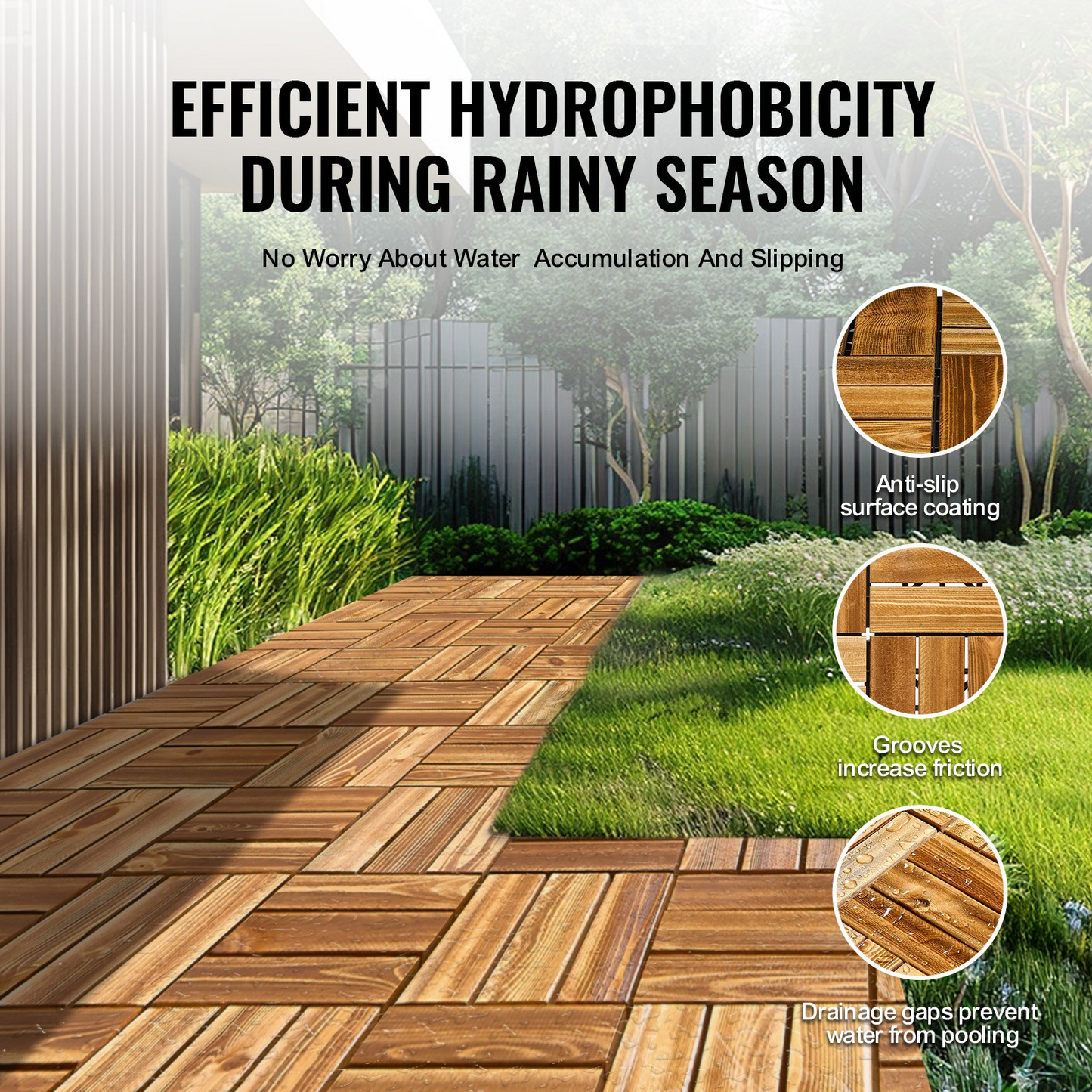 VEVOR Interlocking Deck Tiles 27-Pack – Premium Camphor Pine Wood, Weather-Resistant 12"x12" Tiles for Patios, Balconies & Outdoor Spaces