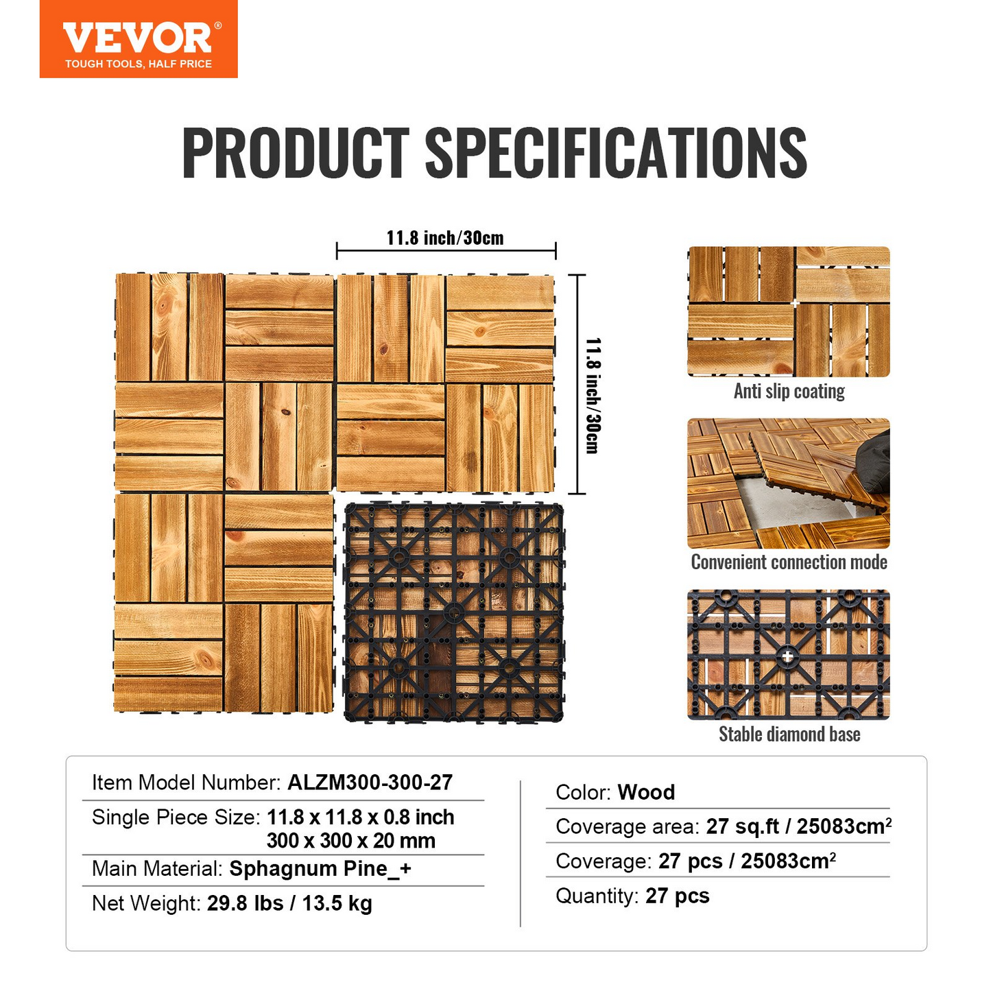 VEVOR Interlocking Deck Tiles 27-Pack – Premium Camphor Pine Wood, Weather-Resistant 12"x12" Tiles for Patios, Balconies & Outdoor Spaces
