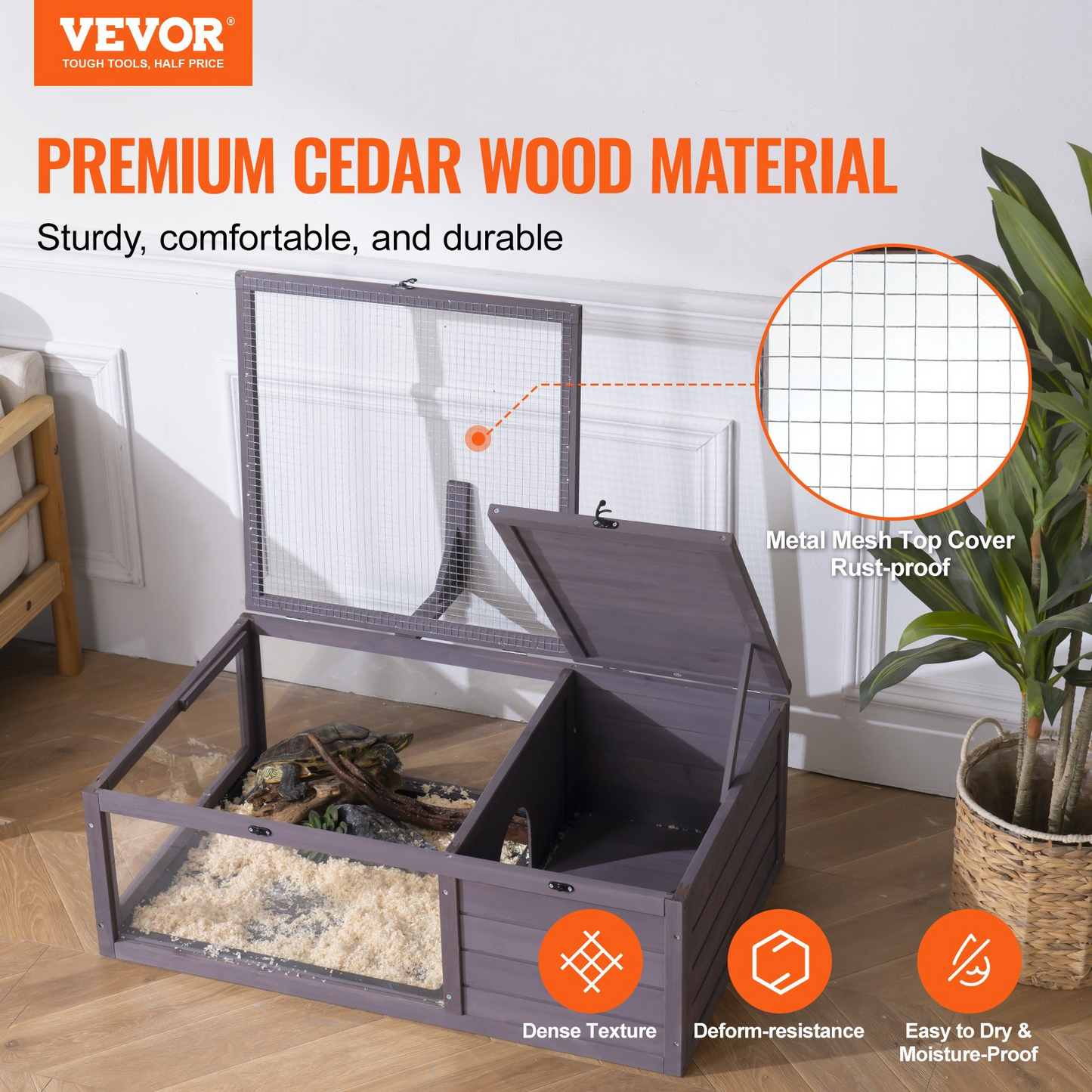 VEVOR Wooden Tortoise House with Light Stand - Spacious 2-Room Cedar Wood Habitat, 38x24x13in | Ideal for Indoor & Outdoor Use