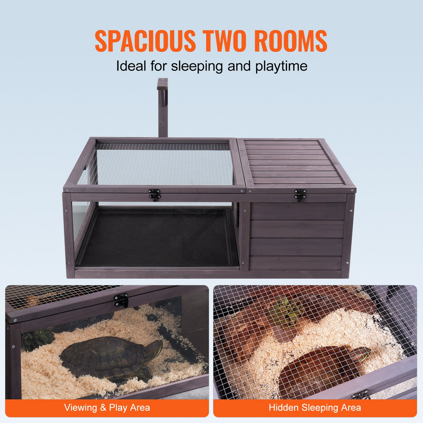 VEVOR Wooden Tortoise House with Light Stand - Spacious 2-Room Cedar Wood Habitat, 38x24x13in | Ideal for Indoor & Outdoor Use
