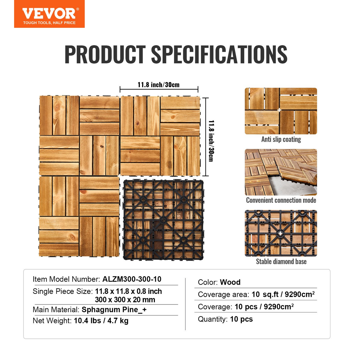 VEVOR Interlocking Deck Tiles 12x12 Camphor Pine – 10 Pack | Stylish, Durable & Easy DIY Patio Flooring for Porches, Patios, Balconies & More