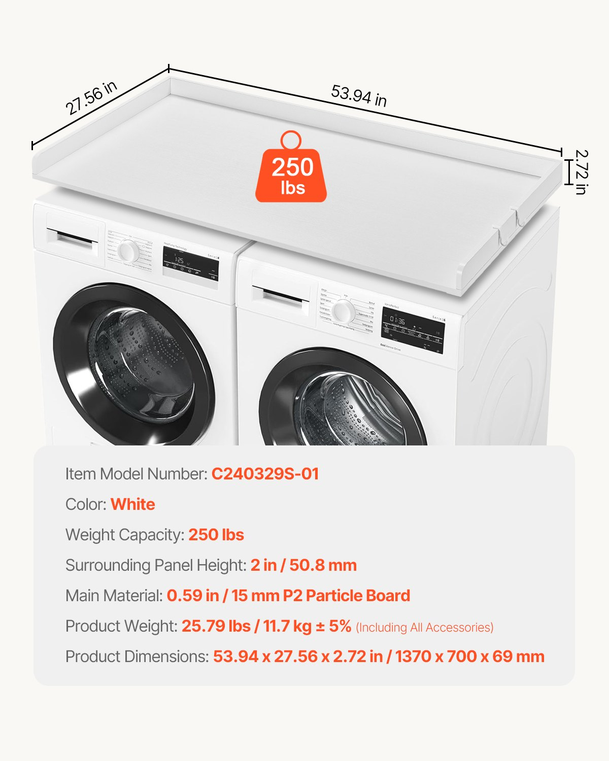 Durable White Wooden Washer and Dryer Countertop - 54" x 27" Multi-Functional Laundry Room Topper for Organized and Stylish Spaces