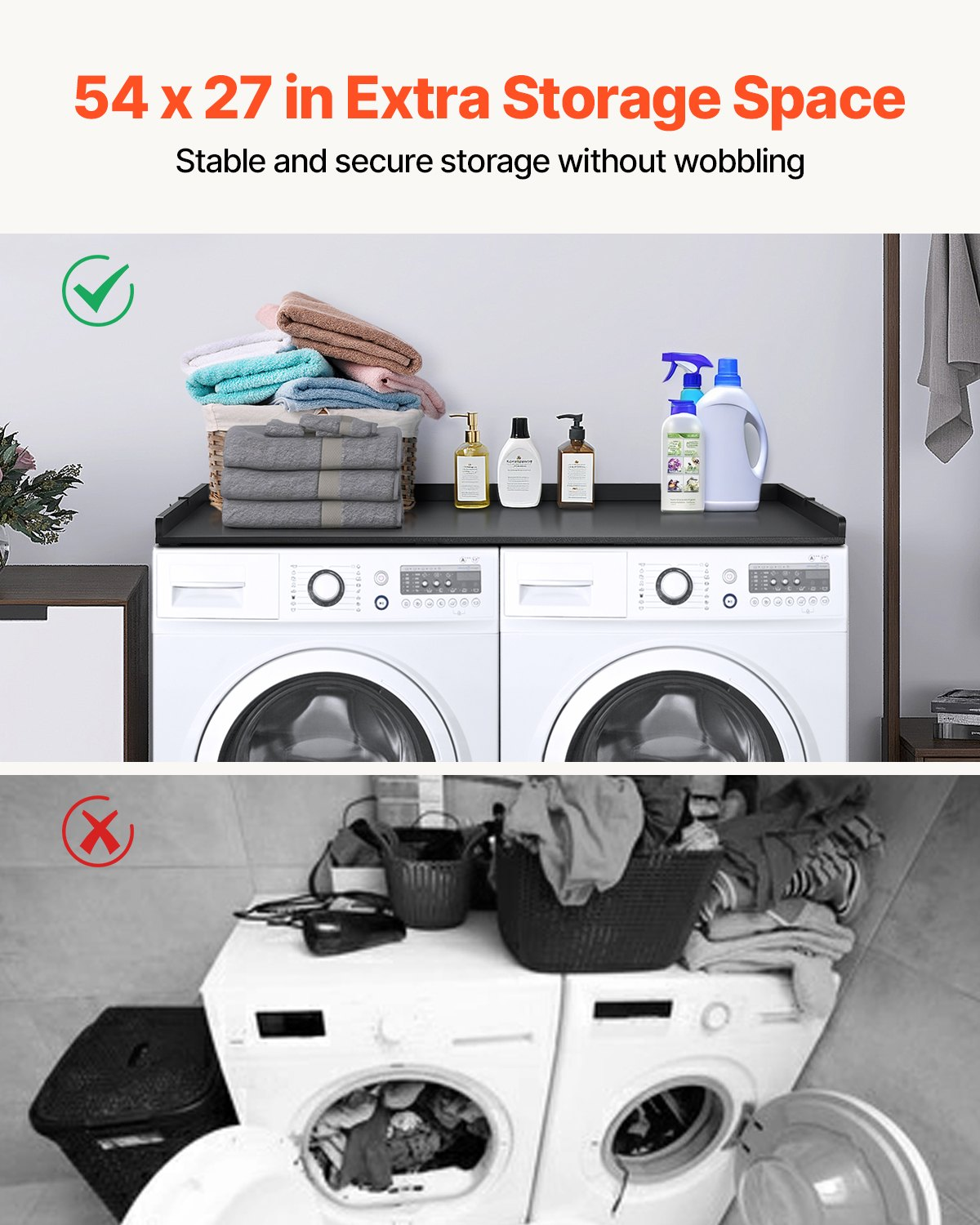 Black Wooden Washer and Dryer Countertop - 54" x 27" Durable Topper for Laundry Room - Easy Installation, Space-Saving, Multi-Functional