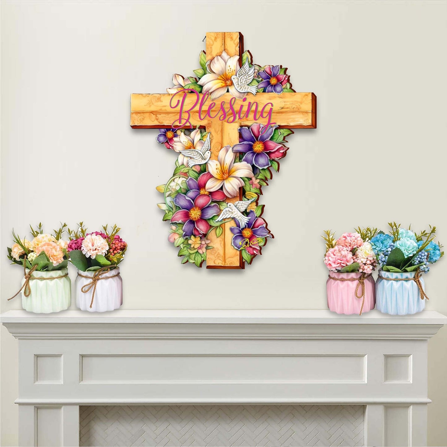 Floral Dove Blessing Cross Holiday Door Decor by G. Debrekht - Easter Spring Decor - 8688163H-1