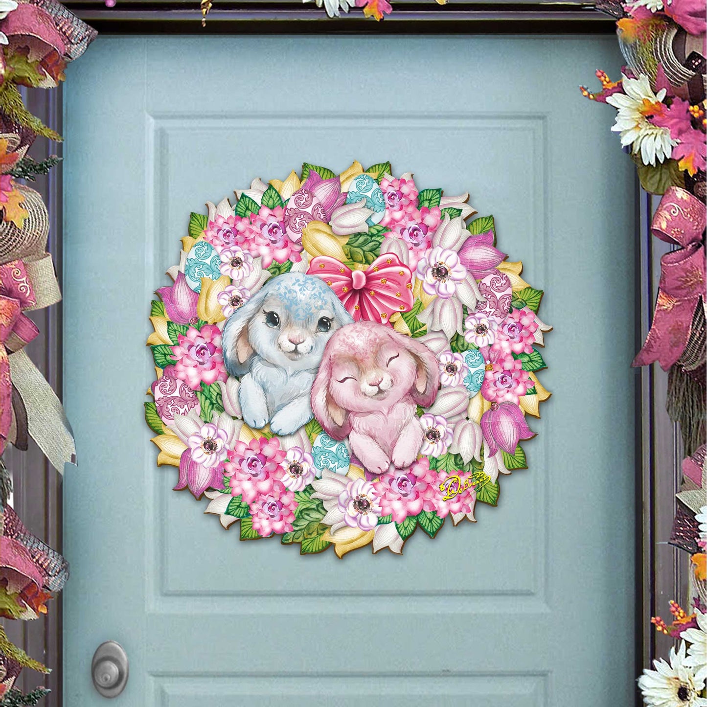 Bunny Love Wreath Door Hanger Wall Art by G. DeBrekht - Easter Spring Decor - 8185301-4H-0