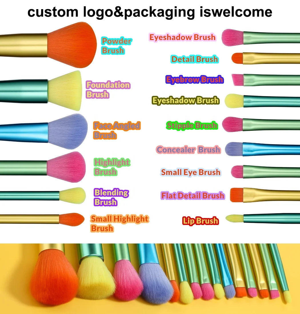 BS-MALL 15 Piece Colourful Makeup Brush Set Private Label Custom Logo Mulit Color Rainbow Make Up Brush Set-3