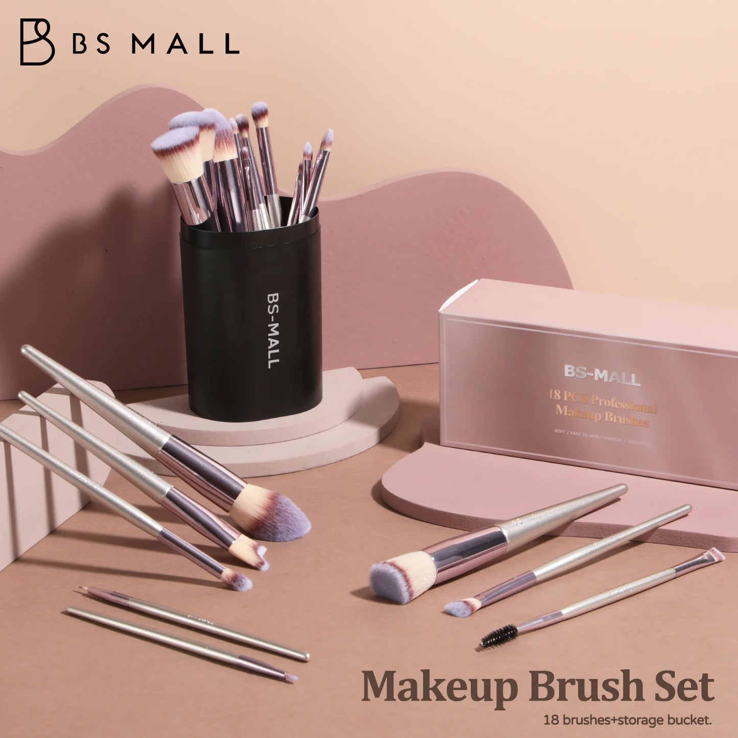 BS-MALL Champagne Gold Synthetic Cosmetic Brushes Kit 18PCS Custom Vegan Makeup Brushes Set With Bag-4