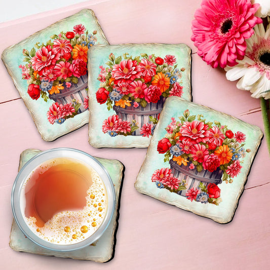 Flowers in the Basket Wooden Cork Coasters Gift Set of 4 by Nature Wonders - Nature Wildlife Decor - 95405C-S4-0