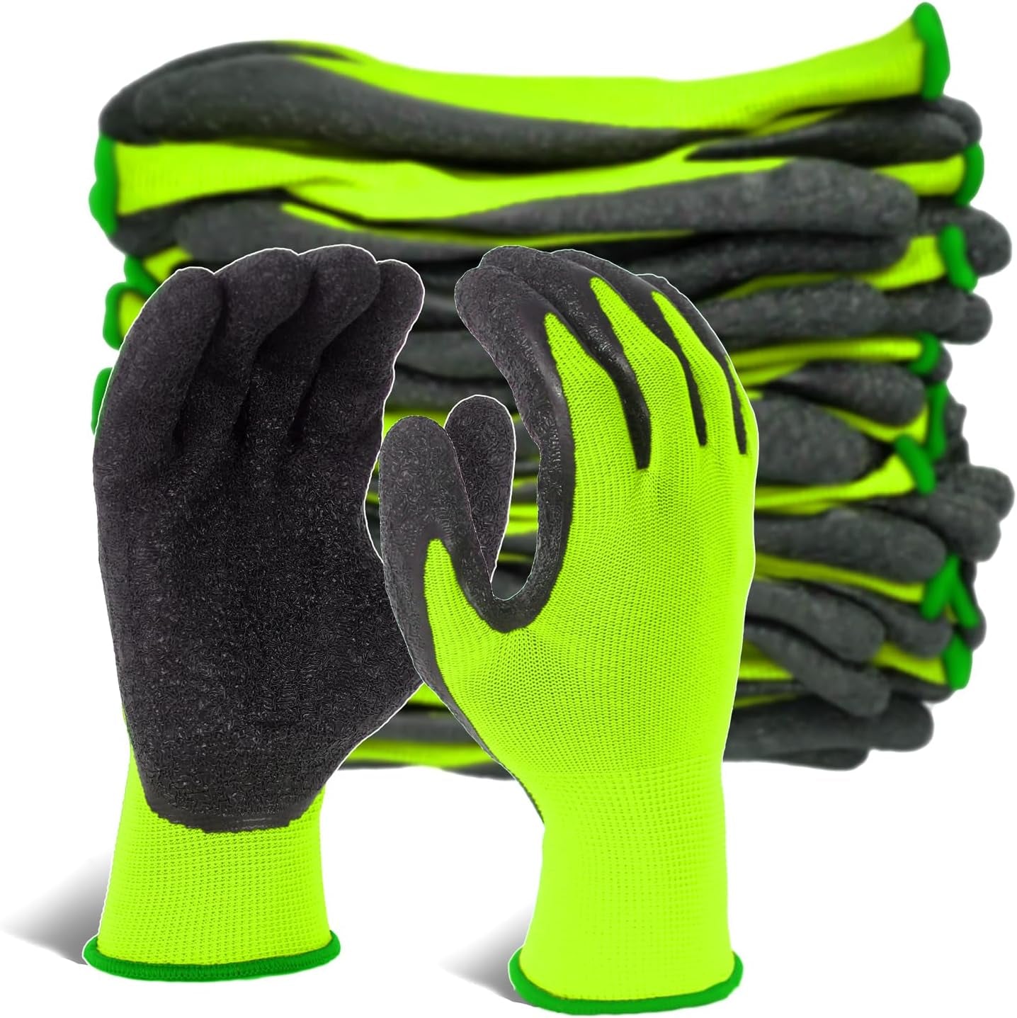 Crinkle Latex Rubber Hand Coated Safety Work Gloves for Men Women General Multi Use Construction Warehouse Gardening Assembly Landscaping (Medium,Green 12 Pairs)