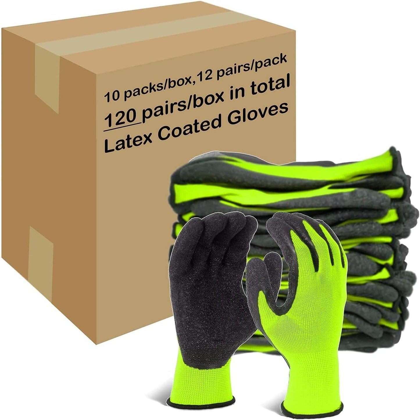 Crinkle Latex Rubber Hand Coated Safety Work Gloves for Men Women General Multi Use Construction Warehouse Gardening Assembly Landscaping (Medium,Green 12 Pairs)