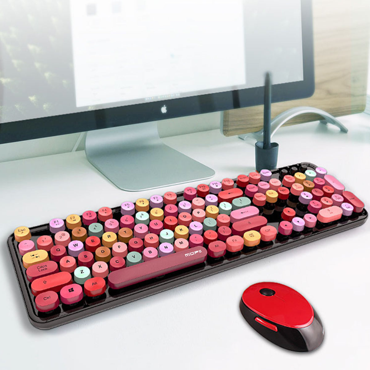 Spring Multi Wireless Keyboard and Mouse Set - Retro Design, Reliable Connection - Full Size, Plug and Play