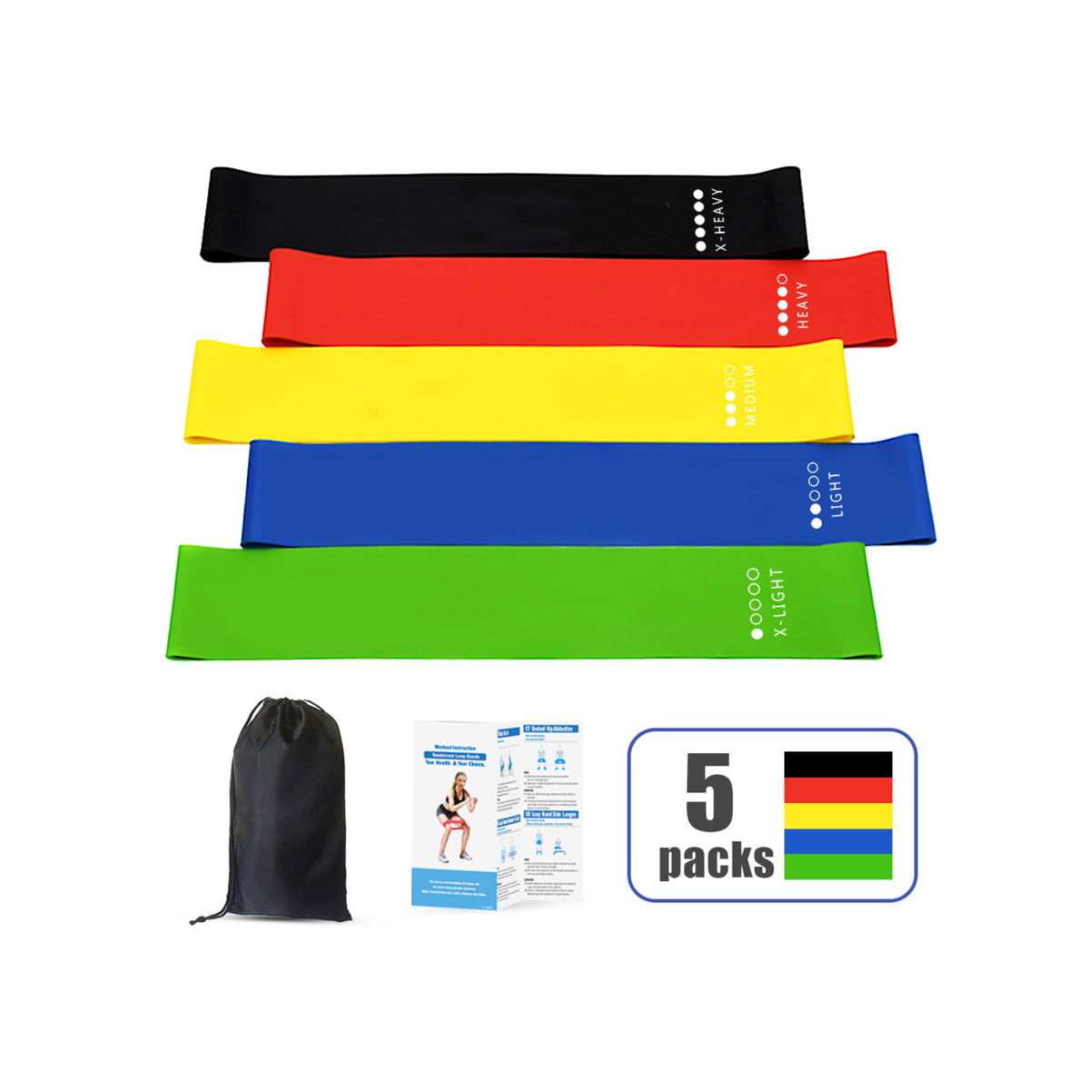 Flex And Stretch Set of 5 Exercise Latex Bands - Enhance Workouts with Durable and Portable Resistance Bands