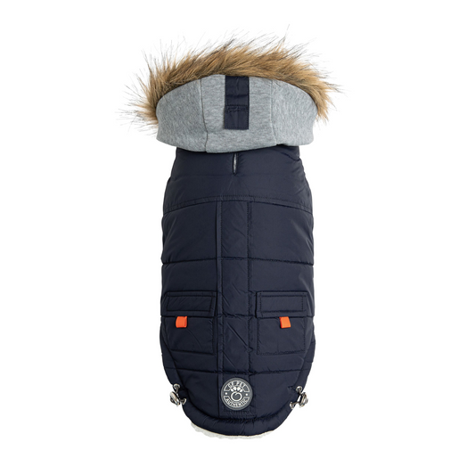GF Pet Winter Sailor Parka - Navy | Warm Dog Jacket with Vegan Fur-Lined Hood, Water-Repellent & Adjustable Fit