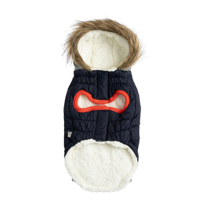 GF Pet Winter Sailor Parka - Navy | Warm Dog Jacket with Vegan Fur-Lined Hood, Water-Repellent & Adjustable Fit