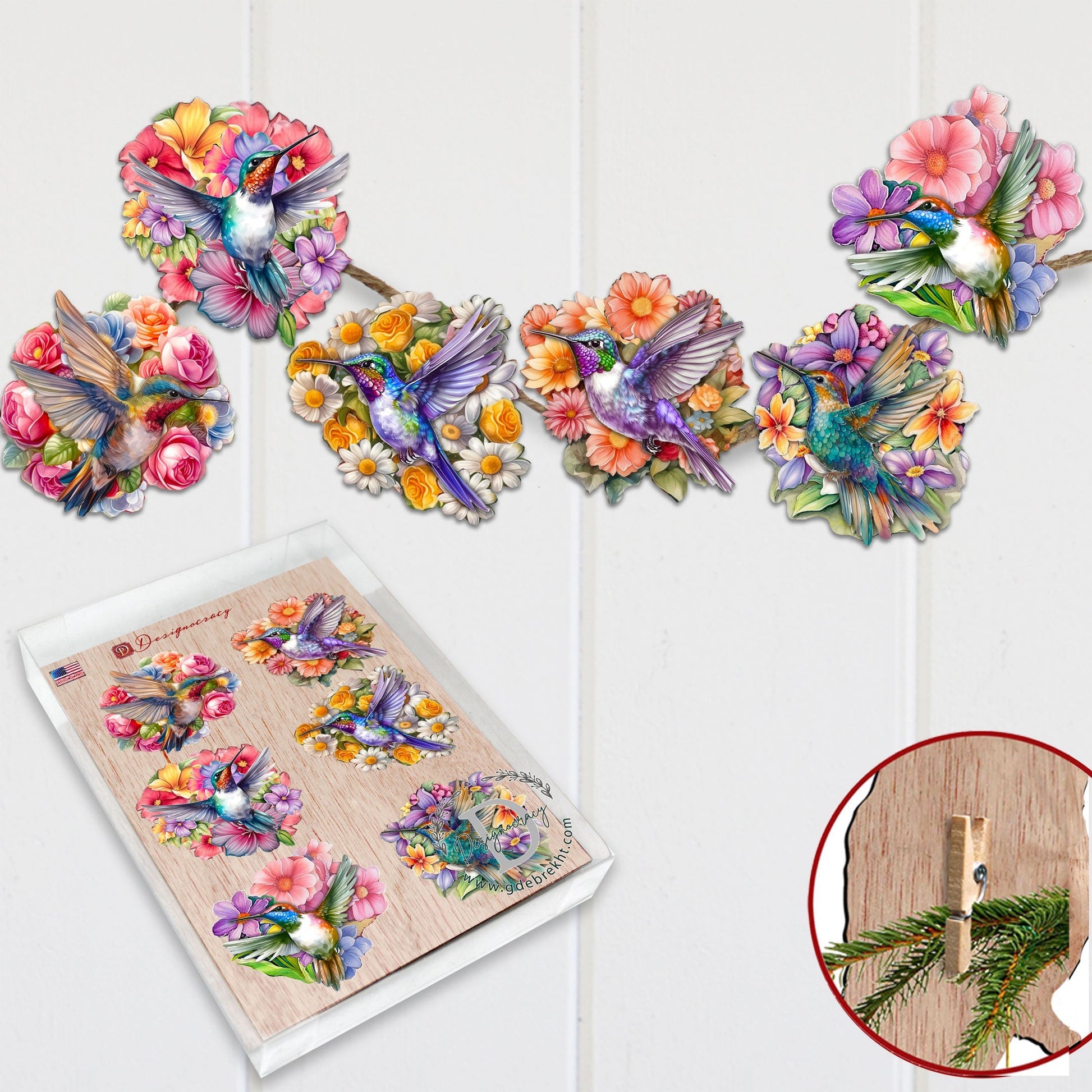 Hummingbirds Decorative Wooden Clip-on Ornaments Set of 6 by G. Debrekht - Easter Spring Decor - 8090140C-S6-3