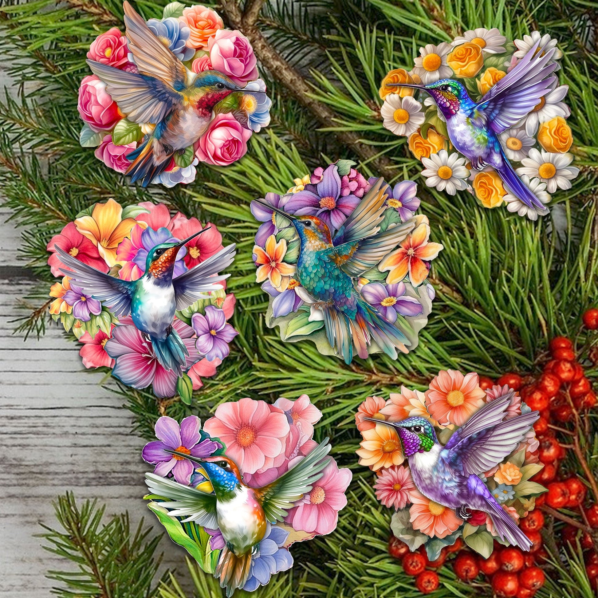 Hummingbirds Decorative Wooden Clip-on Ornaments Set of 6 by G. Debrekht - Easter Spring Decor - 8090140C-S6-1