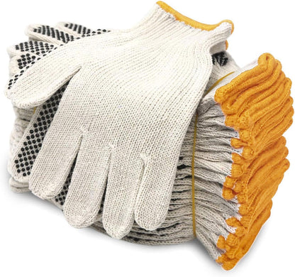 Cotton Polyester String Knit Shell Safety Protection Work Gloves for Painter Mechanic Industrial Warehouse Gardening Construction Men & Women 12 Pairs, with One Side Dots, L Size