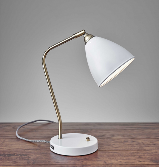 Adjustable White Metal Desk Lamp with USB Port - Modern Mid-Century Industrial Style | Antique Brass Finish & Smart Outlet Compatible