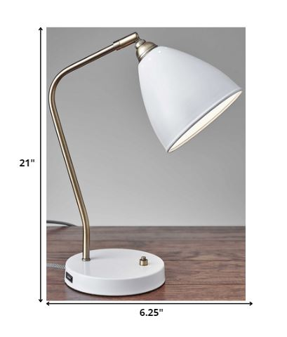 Adjustable White Metal Desk Lamp with USB Port - Modern Mid-Century Industrial Style | Antique Brass Finish & Smart Outlet Compatible