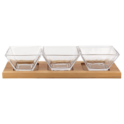 Elegant 4 Pc Mouth Blown Crystal Hostess Set with Glass Condiment Bowls on Wood Tray - Perfect for Serving Appetizers, Desserts, and More