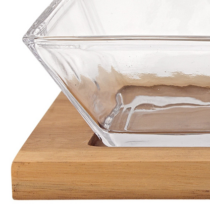 Elegant 4 Pc Mouth Blown Crystal Hostess Set with Glass Condiment Bowls on Wood Tray - Perfect for Serving Appetizers, Desserts, and More