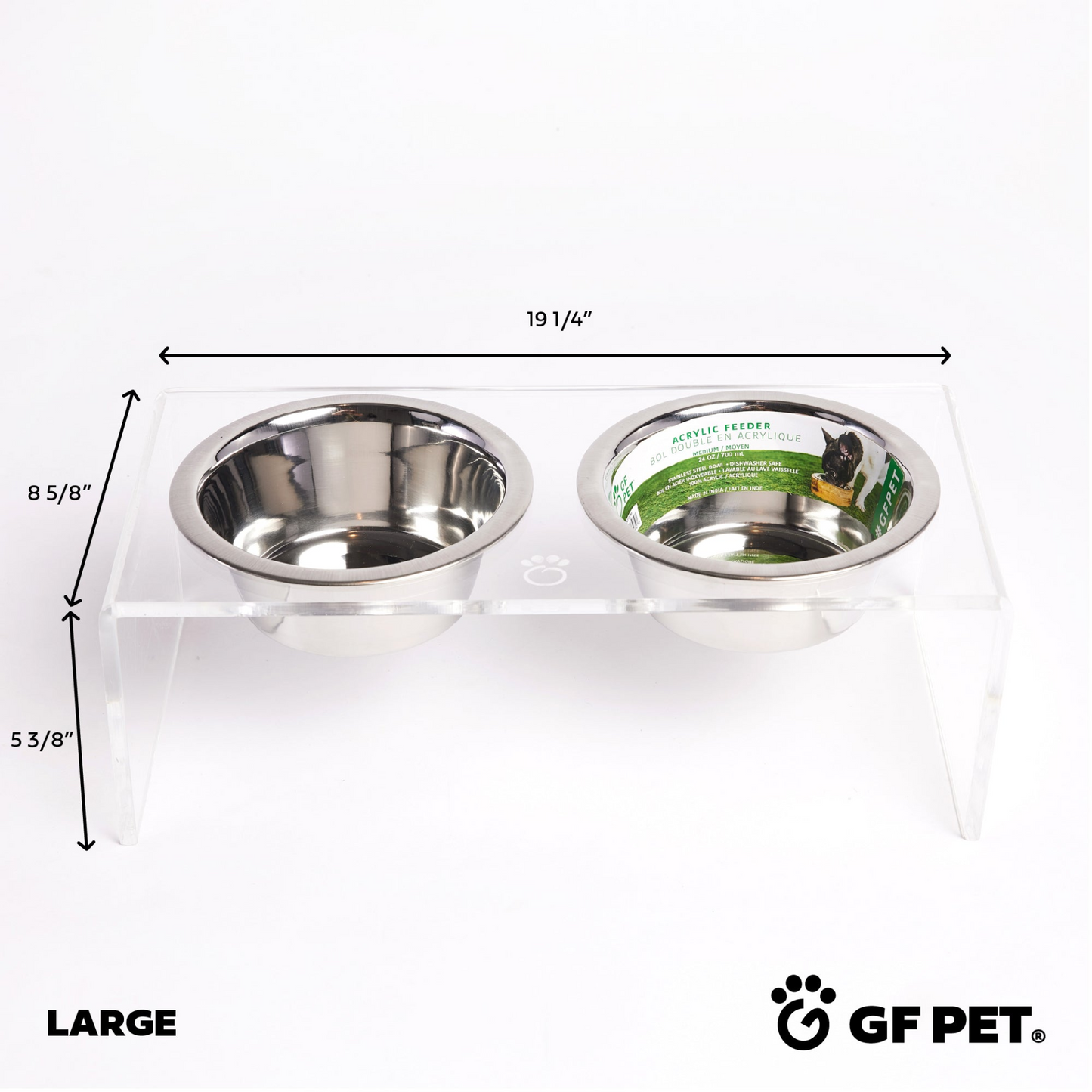 GF PET Acrylic Double Feeder - Clear | Elevated and Elegant Design | Removable Stainless Steel Bowls