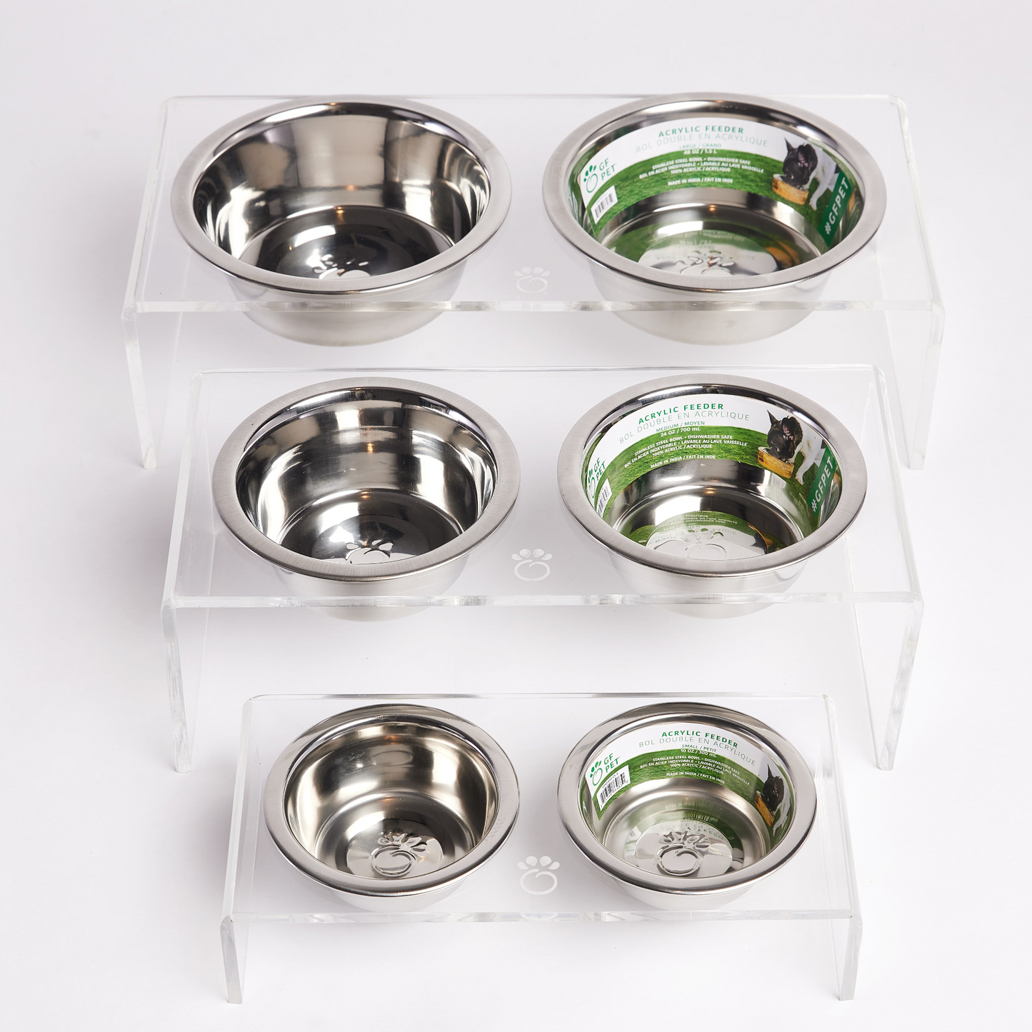 GF PET Acrylic Double Feeder - Clear | Elevated and Elegant Design | Removable Stainless Steel Bowls