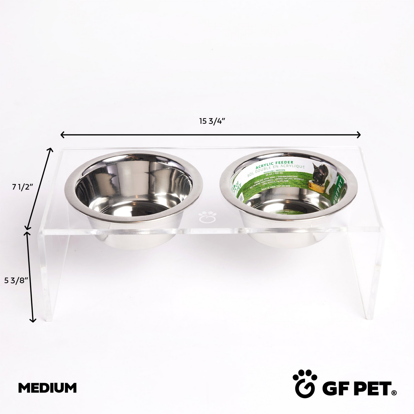 GF PET Acrylic Double Feeder - Clear | Elevated and Elegant Design | Removable Stainless Steel Bowls