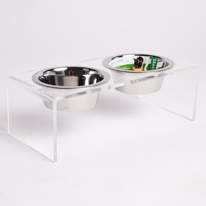 GF PET Acrylic Double Feeder - Clear | Elevated and Elegant Design | Removable Stainless Steel Bowls