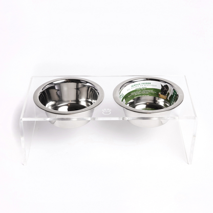 GF PET Acrylic Double Feeder - Clear | Elevated and Elegant Design | Removable Stainless Steel Bowls