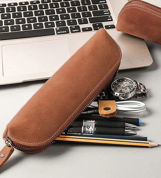 The Paavo Leather Pen Case | Versatile Leather Makeup Pouch - Handmade with Full Grain Leather & Brass YKK Zipper