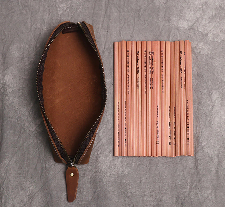 The Paavo Leather Pen Case | Versatile Leather Makeup Pouch - Handmade with Full Grain Leather & Brass YKK Zipper