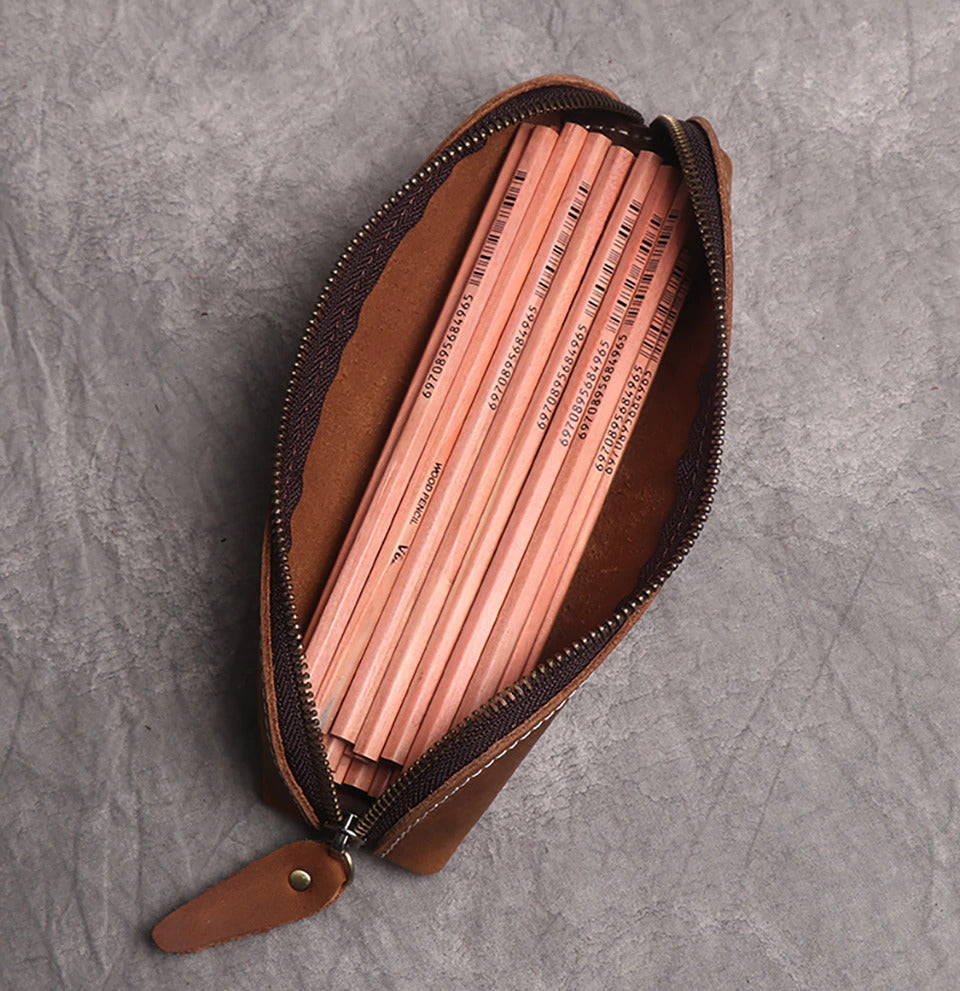 The Paavo Leather Pen Case | Versatile Leather Makeup Pouch - Handmade with Full Grain Leather & Brass YKK Zipper