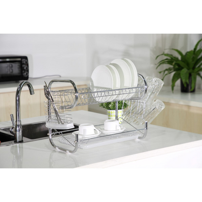 Premium 2-Tier Stainless Steel Dish Rack with Utensil & Cutting Board Holder - Organize Your Kitchen Effortlessly