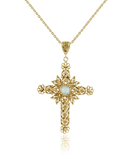 Elegant Aqua Chalcedony Cross Pendant Necklace - Gold Plated Filigree Silver for Women - Handcrafted Artistry & Symbolism