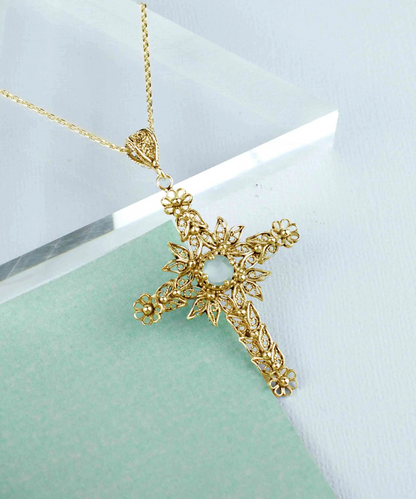 Elegant Aqua Chalcedony Cross Pendant Necklace - Gold Plated Filigree Silver for Women - Handcrafted Artistry & Symbolism