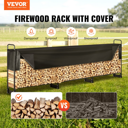 VEVOR 12.7FT Outdoor Firewood Rack with 600D Oxford Cover - Heavy Duty, Waterproof Log Holder for Patio, Fireplace, Indoor/Outdoor - Holds 3/4 Cord of Firewood - 152x14.2x46.1in