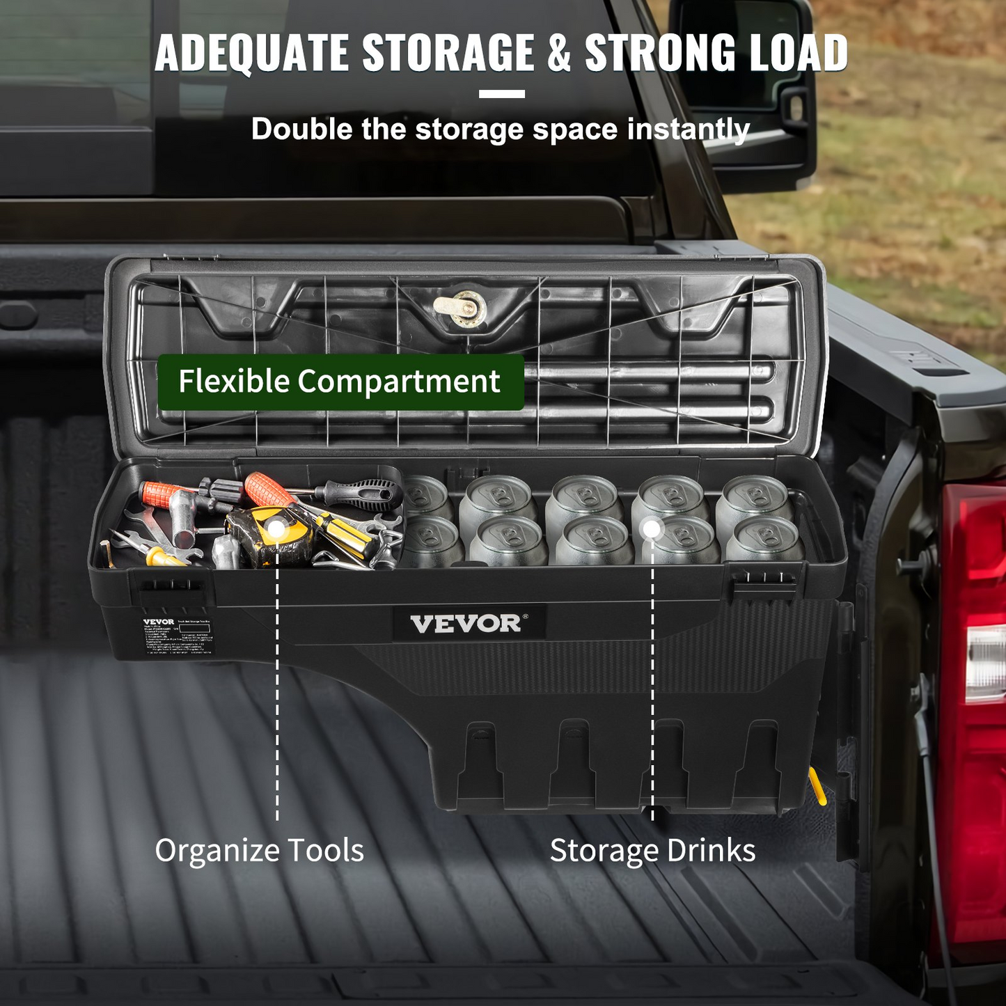 VEVOR Truck Bed Storage Box - Lockable, Waterproof ABS Tool Box, 6.6 Gal/20 L, Fits Chevy Silverado & GMC Sierra 1500 (2019-2021), Black