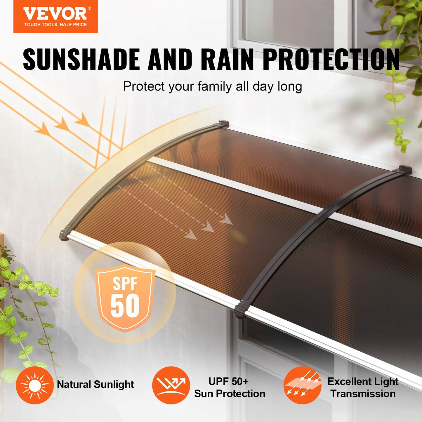 VEVOR Window Door Awning Canopy 40" x 120" - UPF 50+ Polycarbonate Entry Door Outdoor Window Awning Exterior - Sun, UV, Rain, Snow Protection