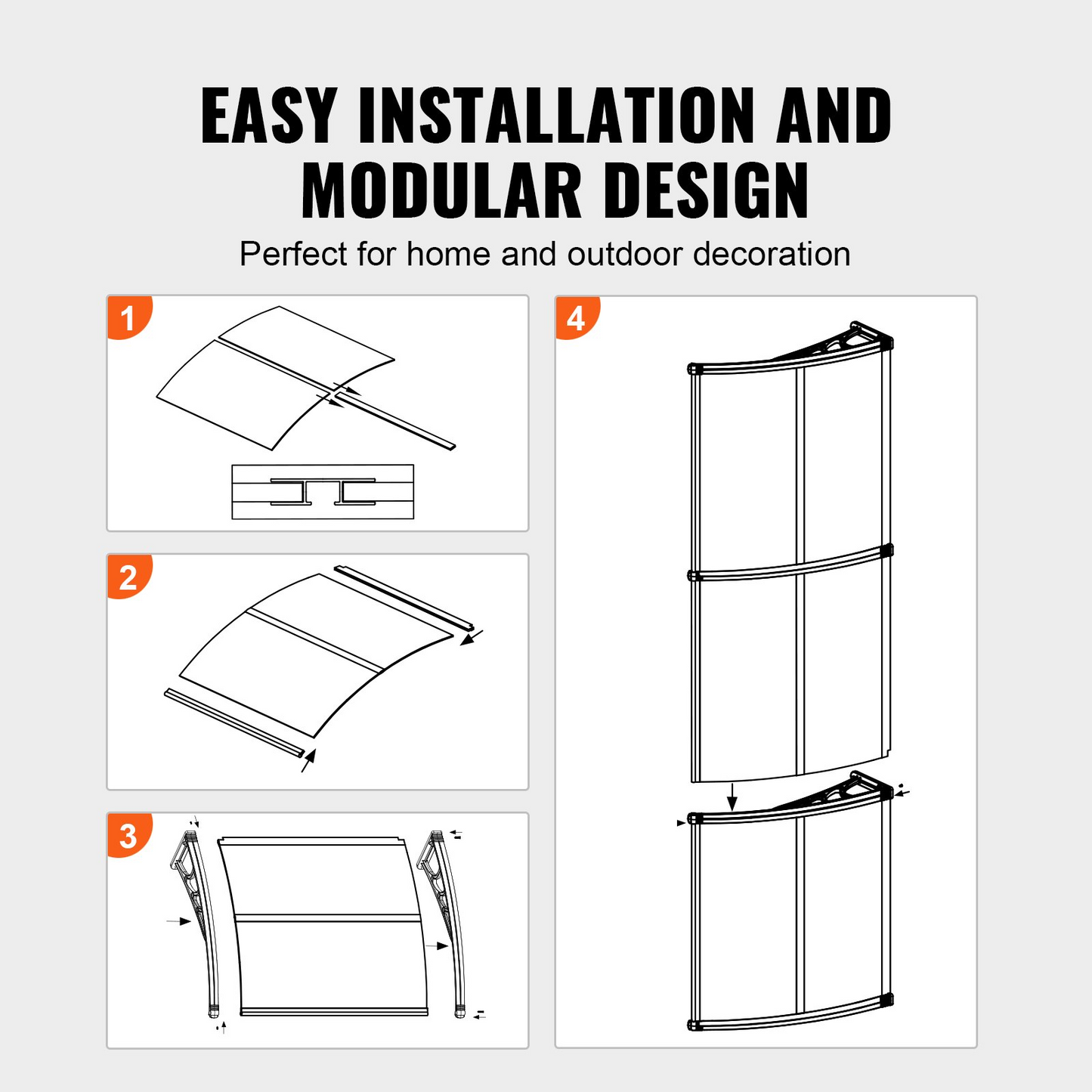 VEVOR Window Door Awning Canopy 40" x 120" - UPF 50+ Polycarbonate Entry Door Outdoor Window Awning Exterior - Sun, UV, Rain, Snow Protection