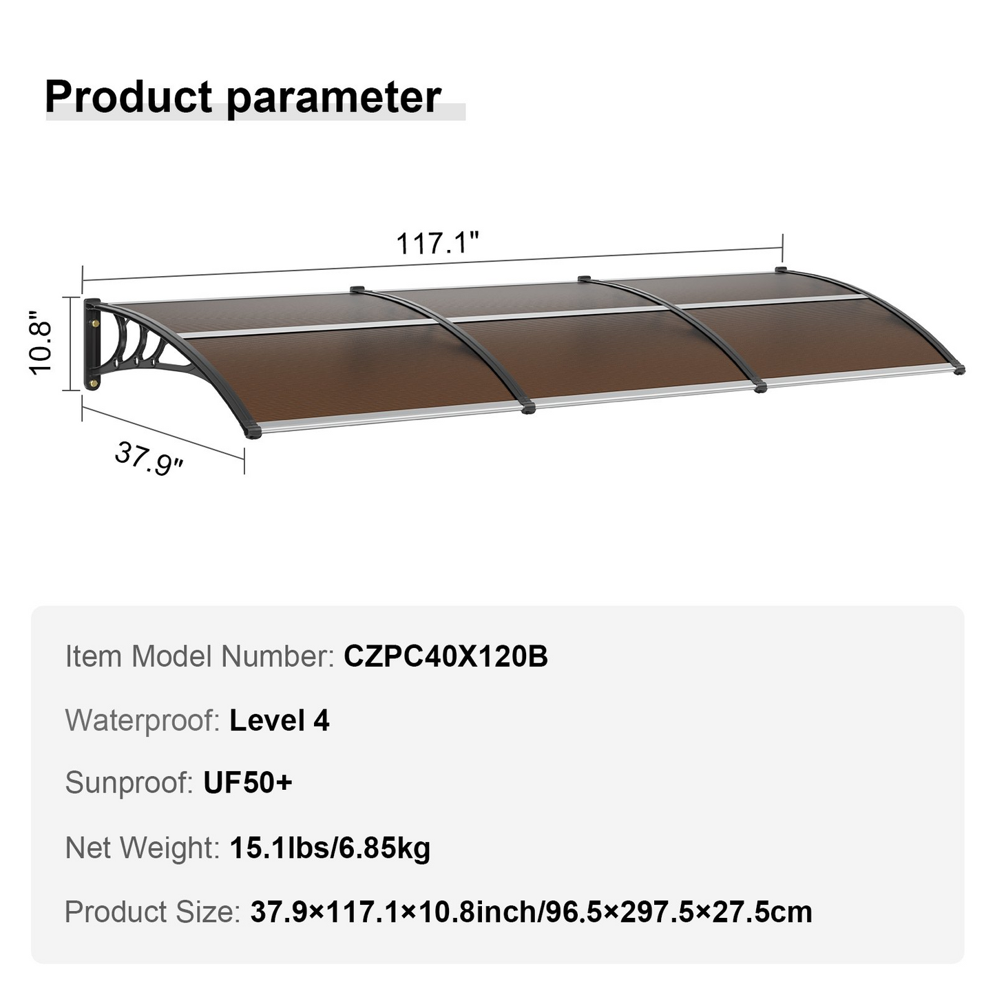 VEVOR Window Door Awning Canopy 40" x 120" - UPF 50+ Polycarbonate Entry Door Outdoor Window Awning Exterior - Sun, UV, Rain, Snow Protection