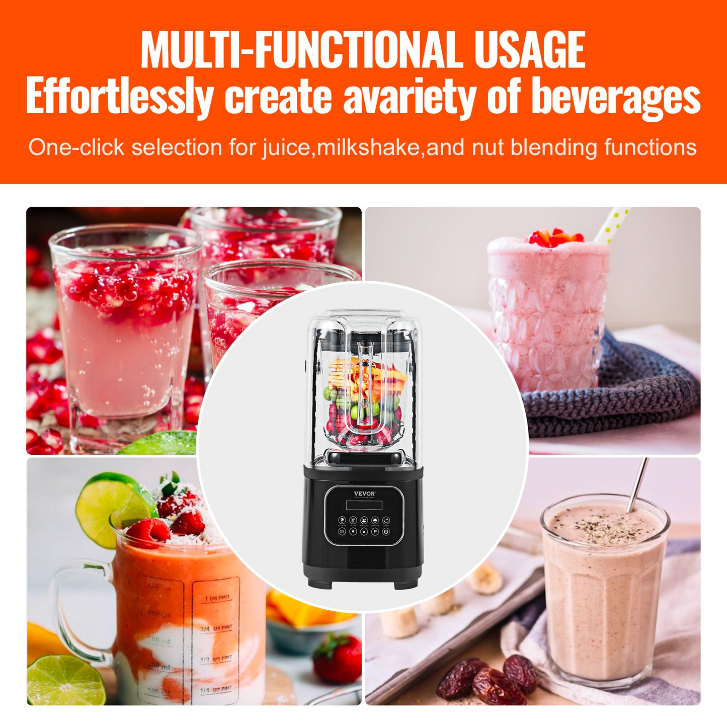 VEVOR Professional Blender with Quiet Shield - 2200W Motor, 68 oz Capacity, 9 Adjustable Speeds, 5 Versatile Functions, Black