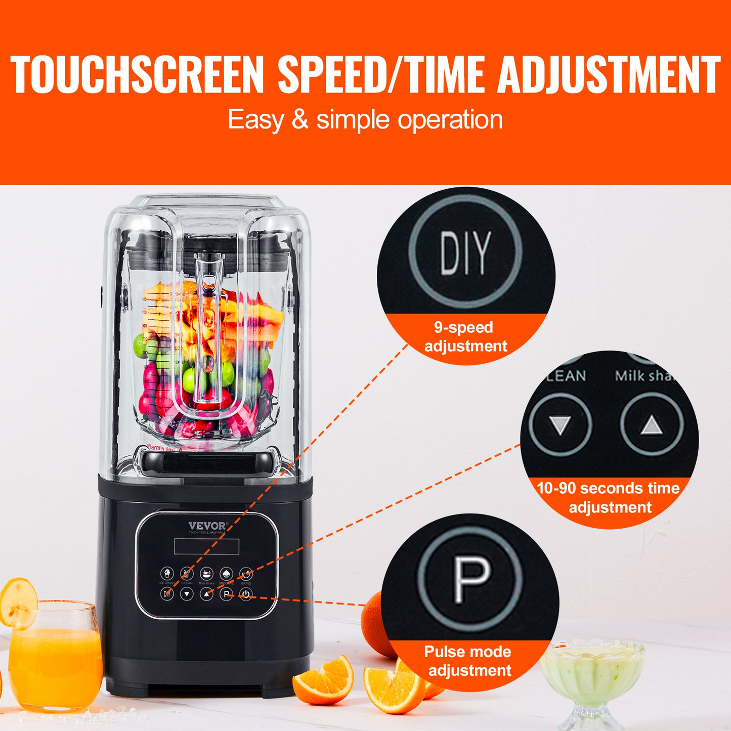 VEVOR Professional Blender with Quiet Shield - 2200W Motor, 68 oz Capacity, 9 Adjustable Speeds, 5 Versatile Functions, Black