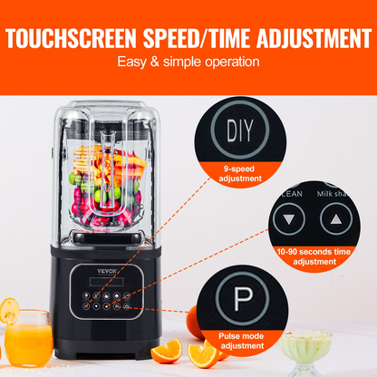 VEVOR Professional Blender with Quiet Shield - 2200W Motor, 68 oz Capacity, 9 Adjustable Speeds, 5 Versatile Functions, Black