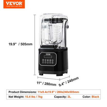 VEVOR Professional Blender with Quiet Shield - 2200W Motor, 68 oz Capacity, 9 Adjustable Speeds, 5 Versatile Functions, Black
