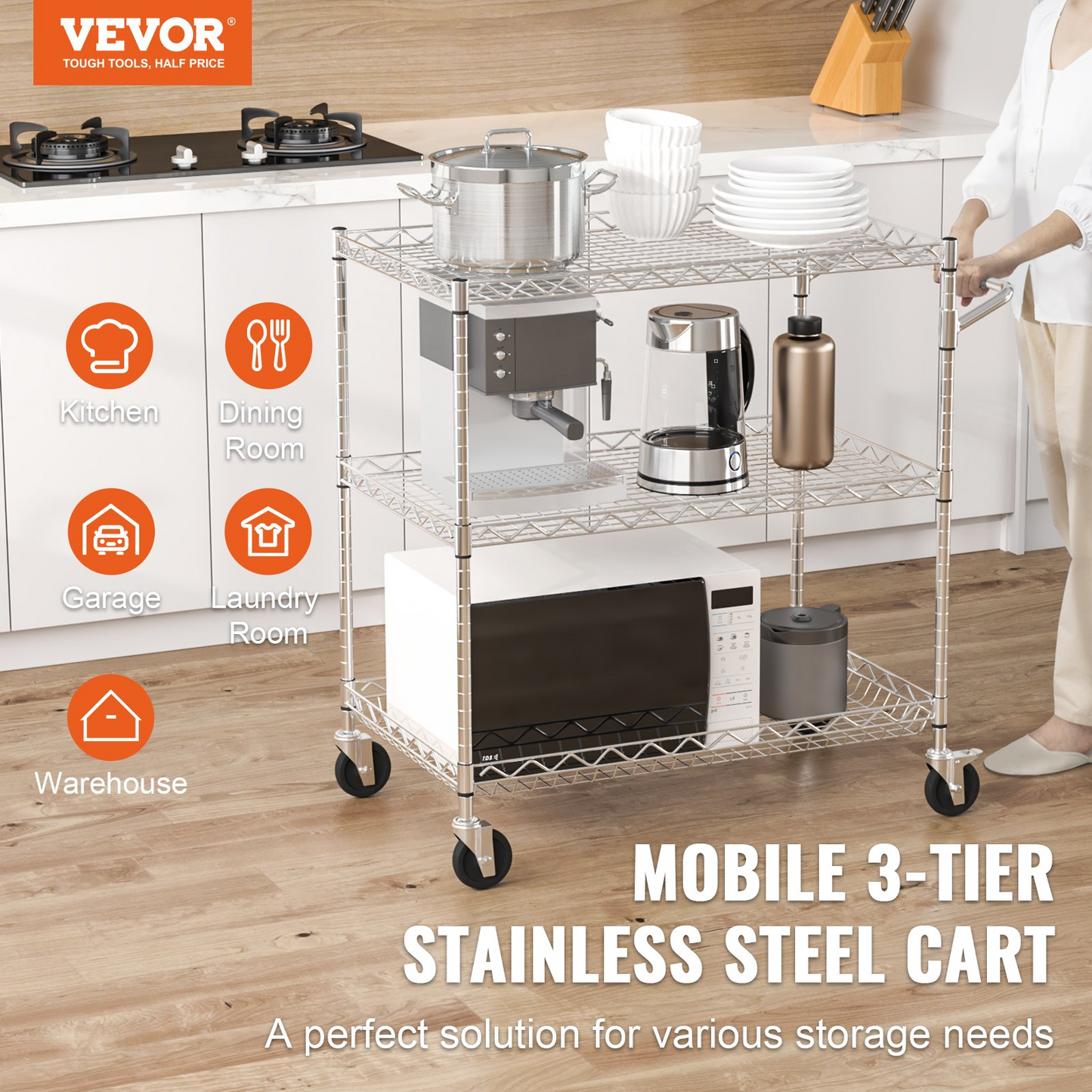 VEVOR 3-Tier Utility Cart Rolling Cart on Wheels 30"x18"x32.4" - Durable and Versatile