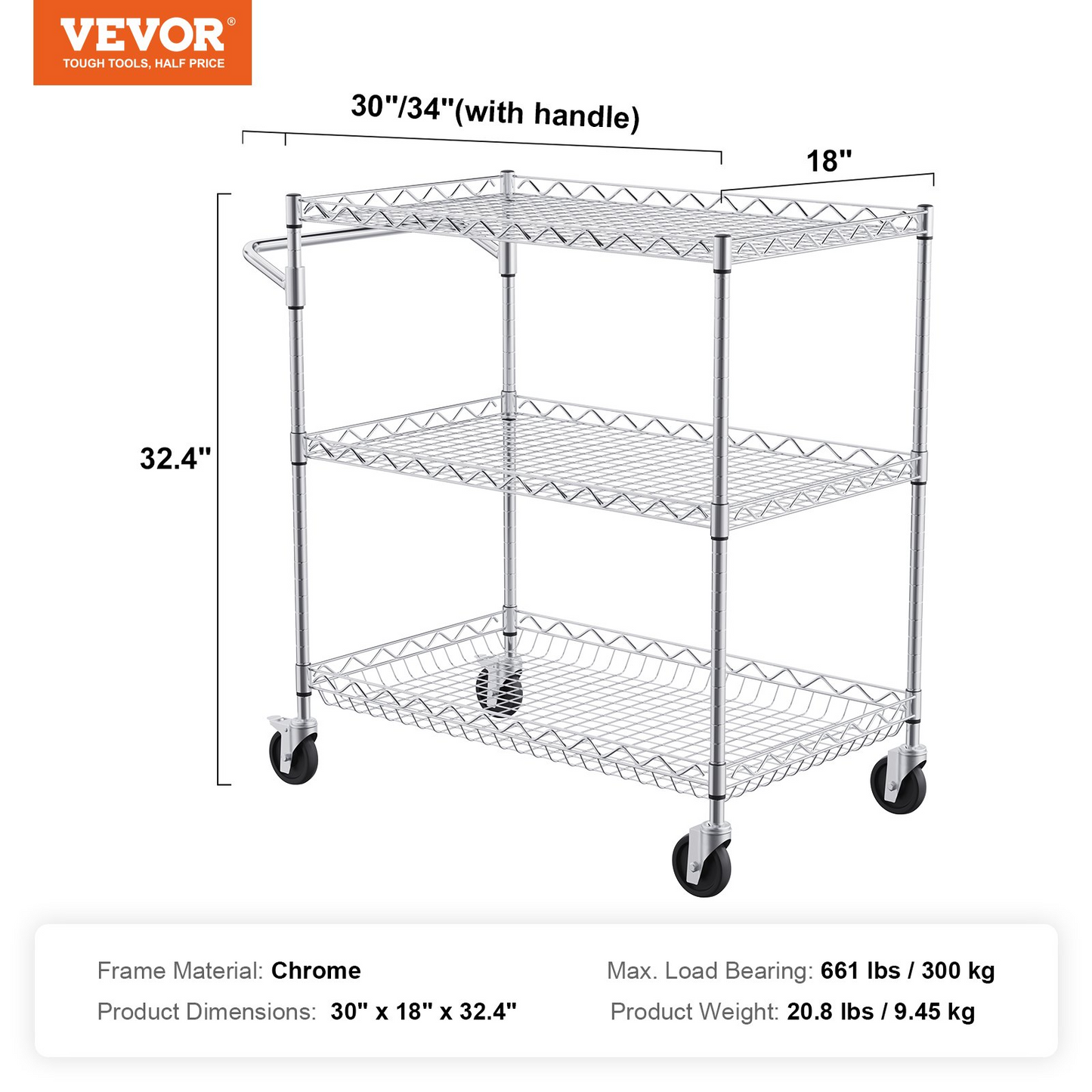 VEVOR 3-Tier Utility Cart Rolling Cart on Wheels 30"x18"x32.4" - Durable and Versatile