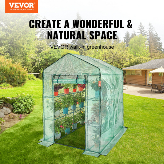 VEVOR Walk-in Green House - 4.6 x 4.6 x 6.6 ft - Greenhouse with Shelves