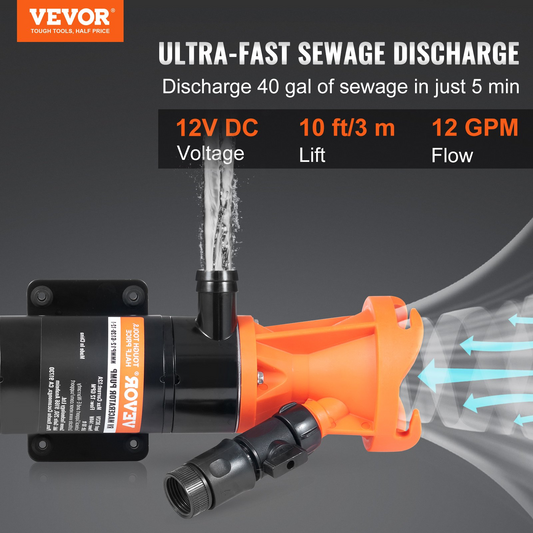 VEVOR RV Portable Macerator Pump - High-Performance 12V 12GPM Waste Pump with Quick Release for Effortless Waste Management in RVs, Boats, Campers