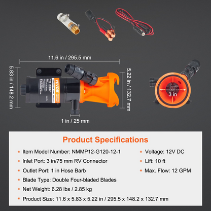 VEVOR RV Portable Macerator Pump - High-Performance 12V 12GPM Waste Pump with Quick Release for Effortless Waste Management in RVs, Boats, Campers
